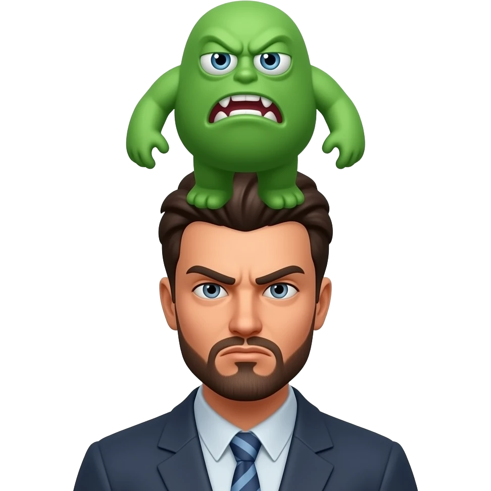 a sim from sims with his green sim plombob above (!) the head and expression of anger on his face emoji