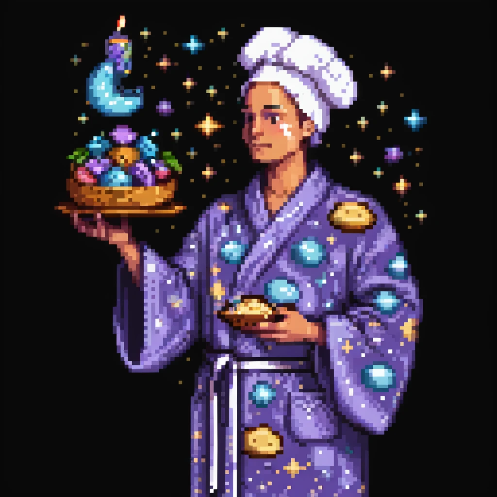 Portrait of a surreal baker floating among stars, wearing a galaxy-patterned robe, holding stardust ingredients, skeuomorphism style emoji