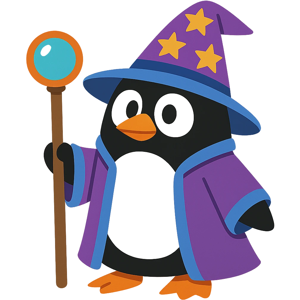 fun and whimsical penguin dressed as a wizard, with a pointy hat and a magic staff emoji
