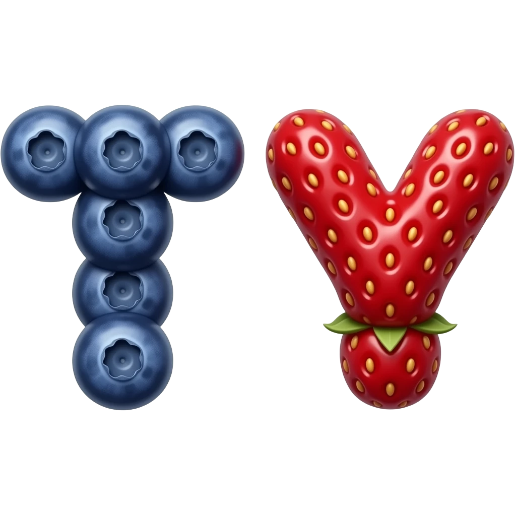 TWO👉 "letters T and Y made of berry (blueberry or strawberry) texture, glossy and juicy, 3D glossy, smooth rounded shapes, cute cartoon style, isolated on white background, high detail" emoji