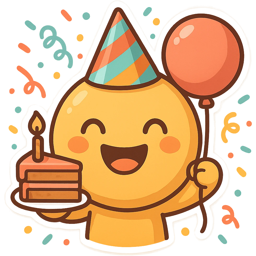 smiling emoji face celebrating birthday, colorful party hat, cake slice in one hand, balloon in the other, confetti background, bright cartoon look emoji