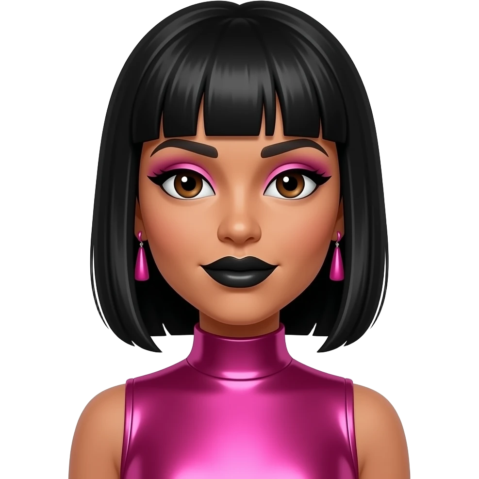 Lisa Left Eye Lopes from TLC with dark brown eyes, medium black straight bob hair with bang, pink eyeshadow, black lipstick, hot pink metallic high neck dress, pink earrings emoji