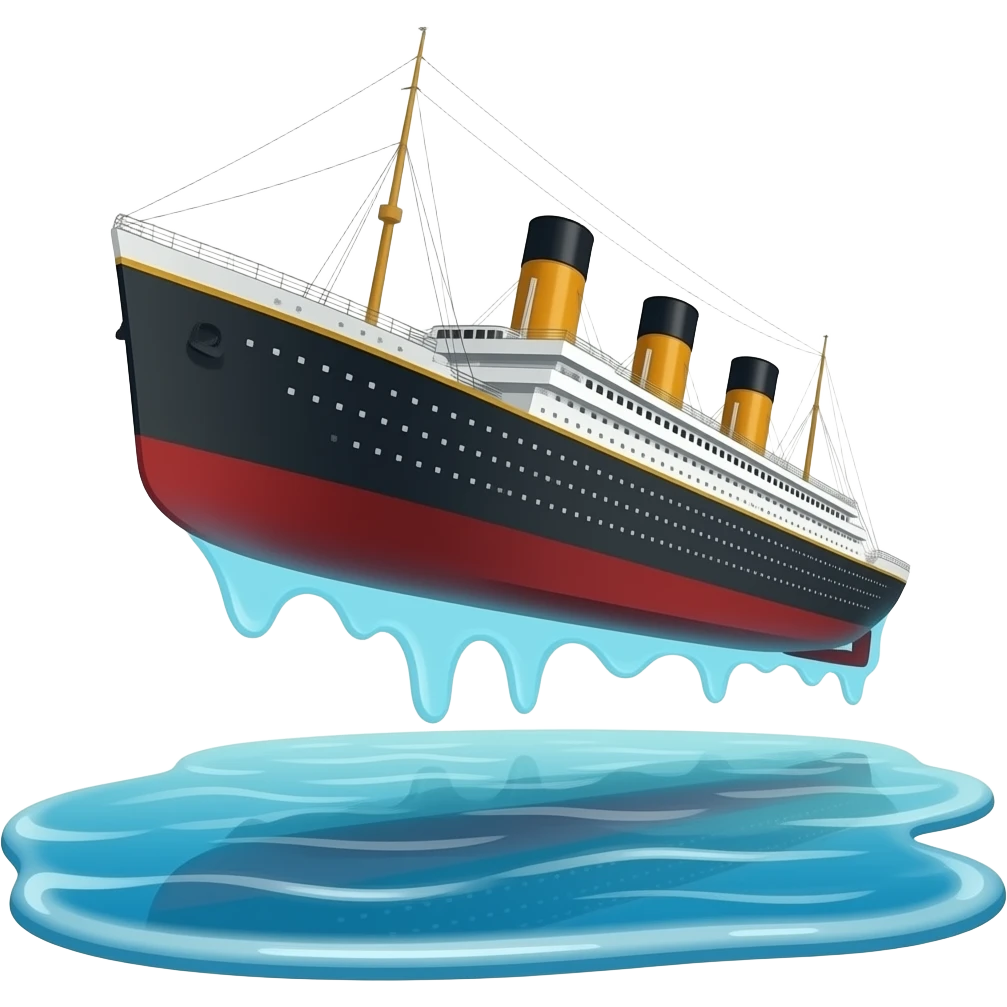 The ghost ship Titanic flies above a shallow puddle of water - horizontally emoji