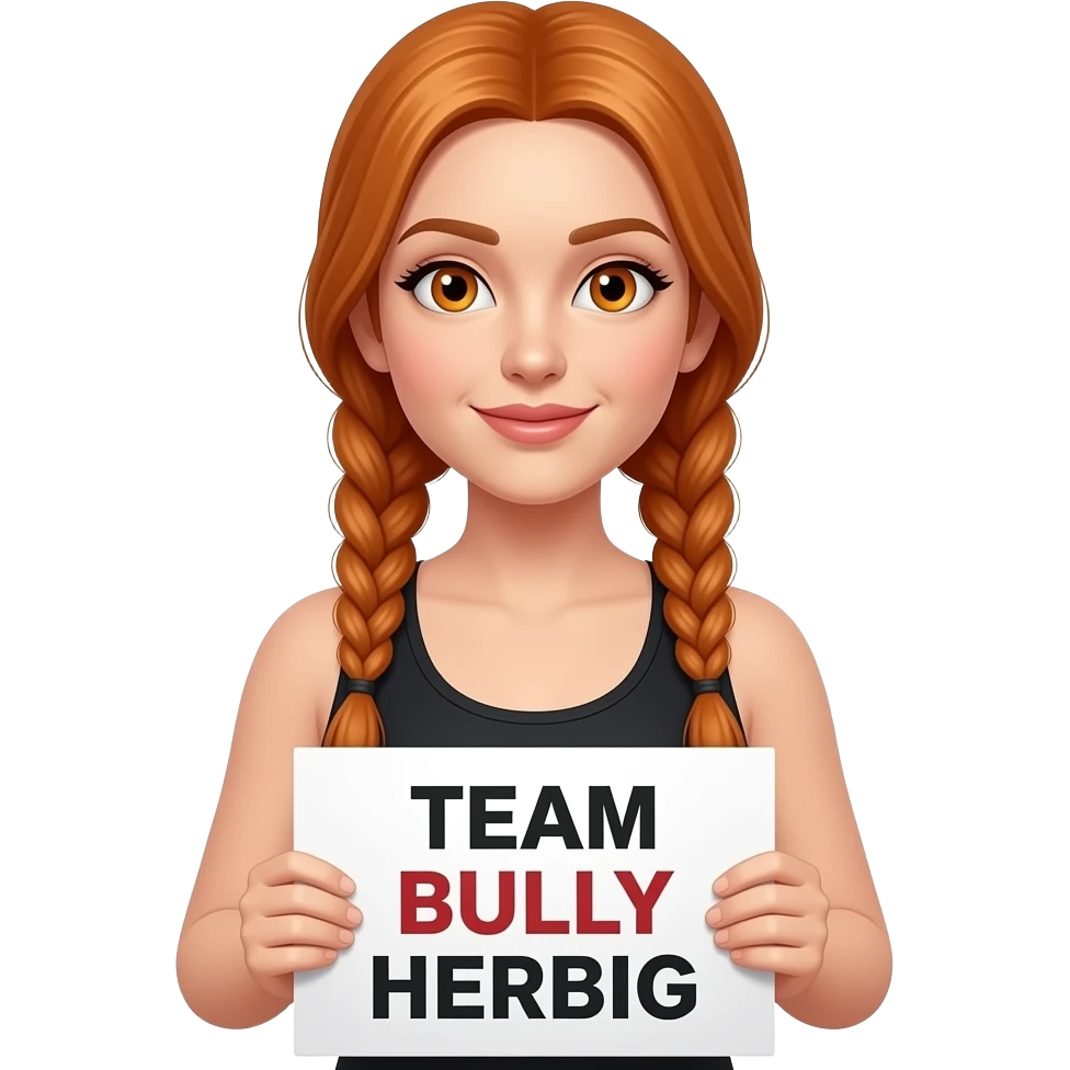sexy girl with long ginger braids and ginger eyes wearing a black tanktop is holding a white sign with TEAM BULLY HERBIG written on it emoji