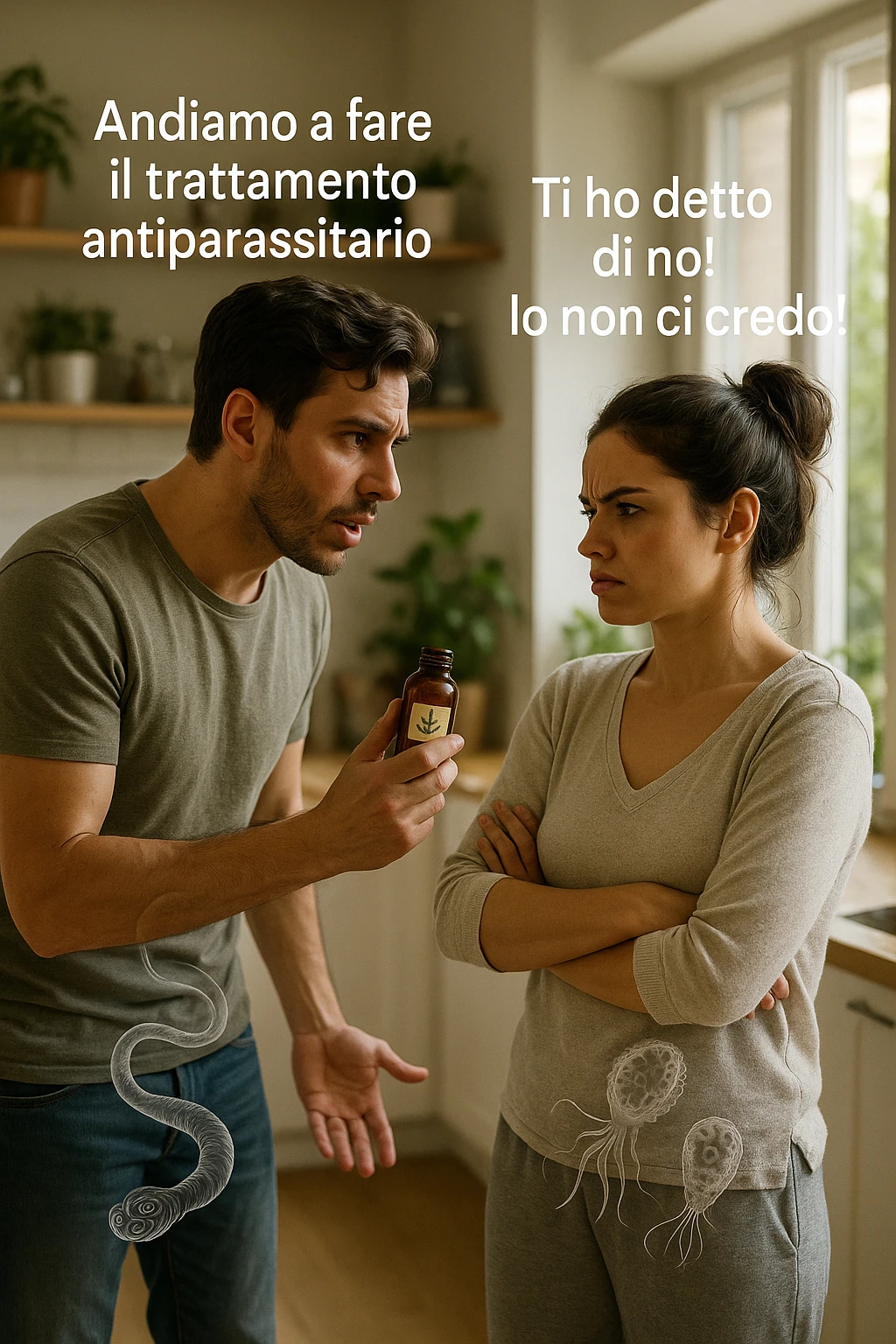 A highly realistic, cinematic photo of a young couple in their early 30s having an argument in a bright modern kitchen. The man, athletic build, wearing a casual T-shirt and jeans, is speaking firmly with a raised hand holding a small amber glass bottle labeled with a subtle herbal symbol, saying 'Andiamo a fare il trattamento antiparassitario' with a determined expression. The woman, with long dark hair tied in a messy bun, casual home outfit, crosses her arms with an angry, defensive expression, replying 'Ti ho detto di no! Io non ci credo!' while slightly turning away. Tension is visible in their body language, with the man leaning forward trying to explain and the woman leaning back, her eyebrows furrowed. Around them, subtle ghostly overlays of microscopic parasites are faintly visible near their abdominal areas, symbolizing the hidden reason for the argument. The kitchen is bright and modern with plants and natural light, contrasting the emotional tension. The style is hyperrealistic with warm tones and shallow depth of field focusing on their facial expressions, illustrating the conflict between belief in natural treatments and skepticism within the couple regarding hidden parasitic infections. in italiano emoji