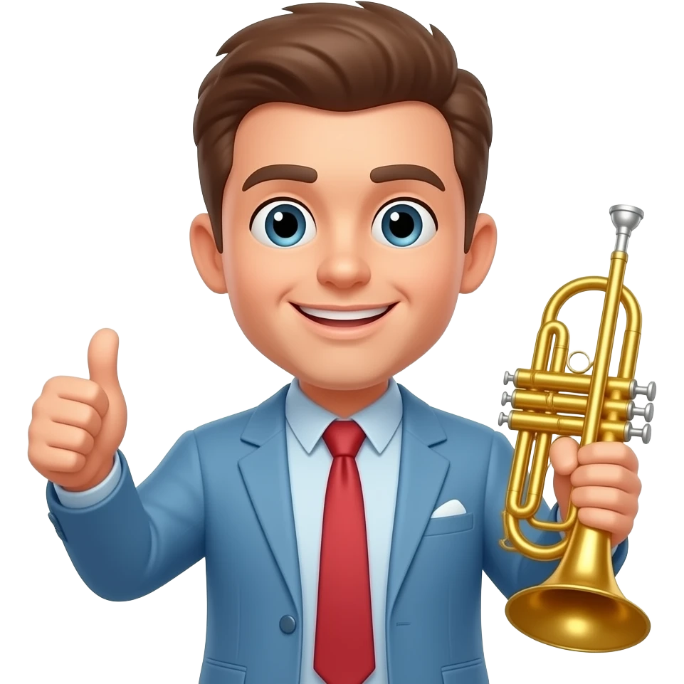 give me a funny emoji png who's showing with his thumb that everything fine, also on the other hand he holds a jazz instrument emoji