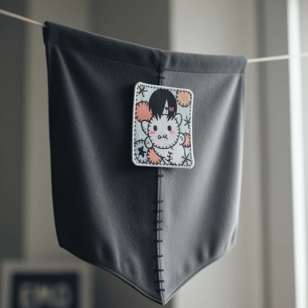 emo banner with stitched patch, cute, expressive, minimal emoji