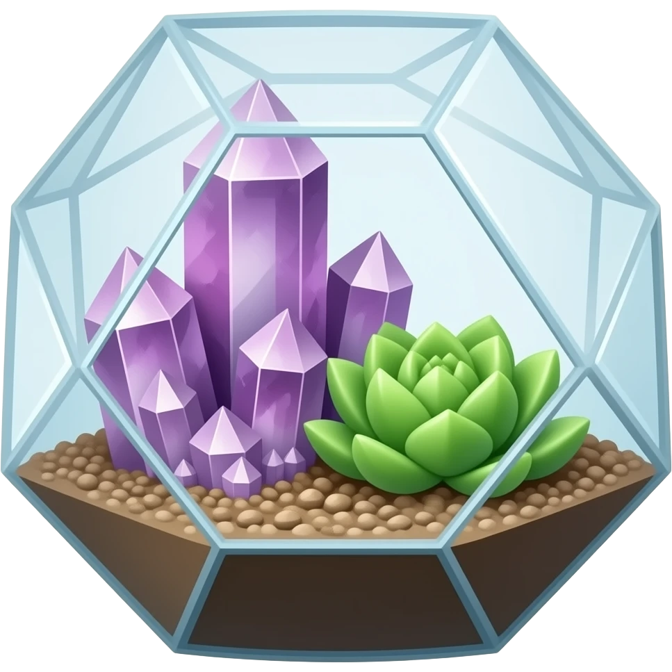 succulent geometrical terrarium with amethyst cluster inside emoji