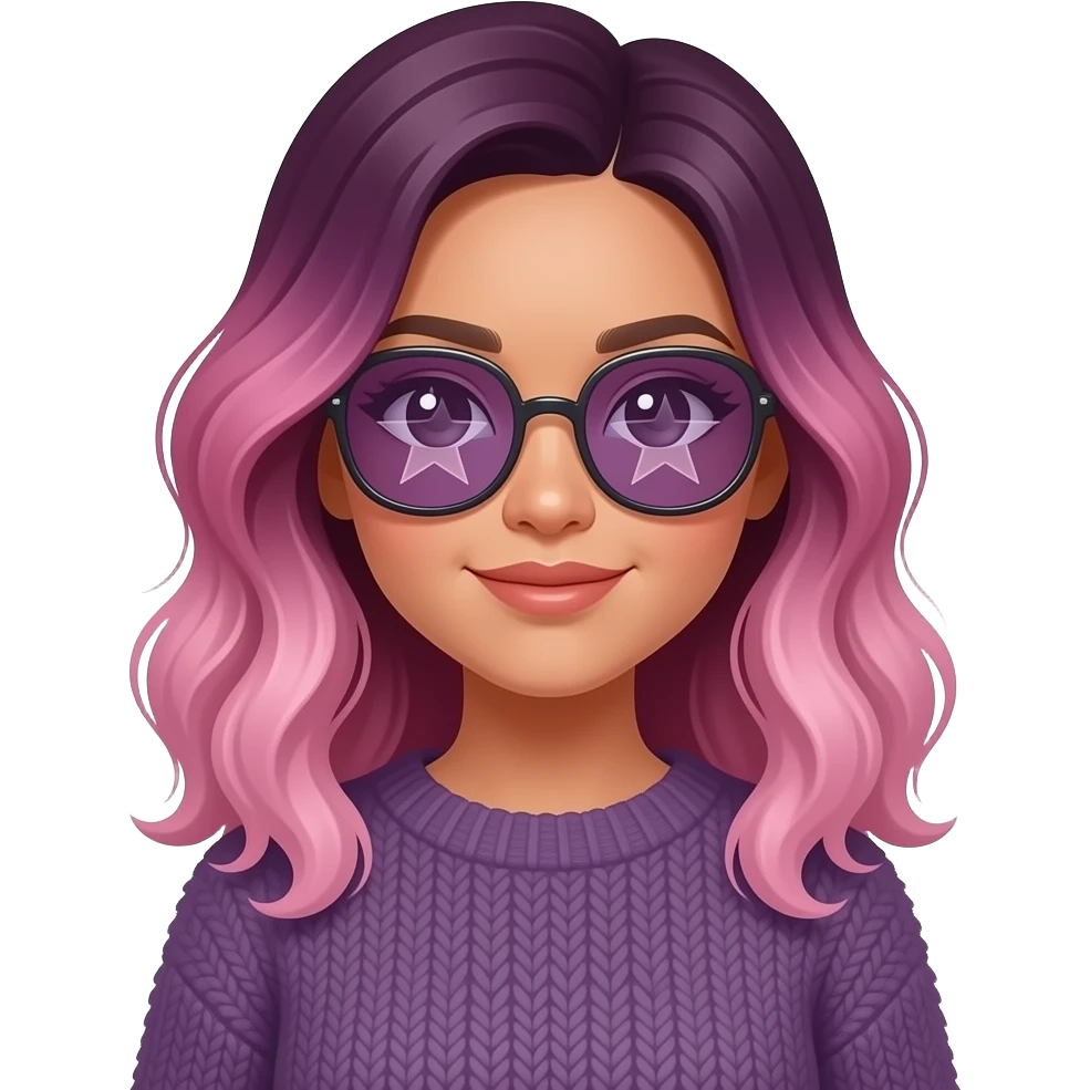 medium skinned vietnamese woman with dark brown medium eyes with slightly wavy ombre hair that is magenta at the top fading to light pink at the bottom, wearing a deep gray-violet fluffy sweater and sunglasses with opaque star lenses emoji