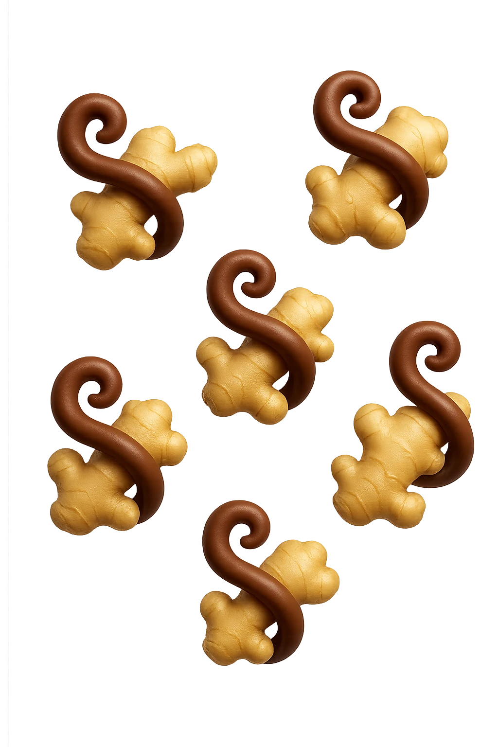 emoji stile iphone 3d di 6 piccoli pezzi di zenzero che fluttuano in aria con pezzi di colon arrotolati intorno, iperrealistico 4k emoji