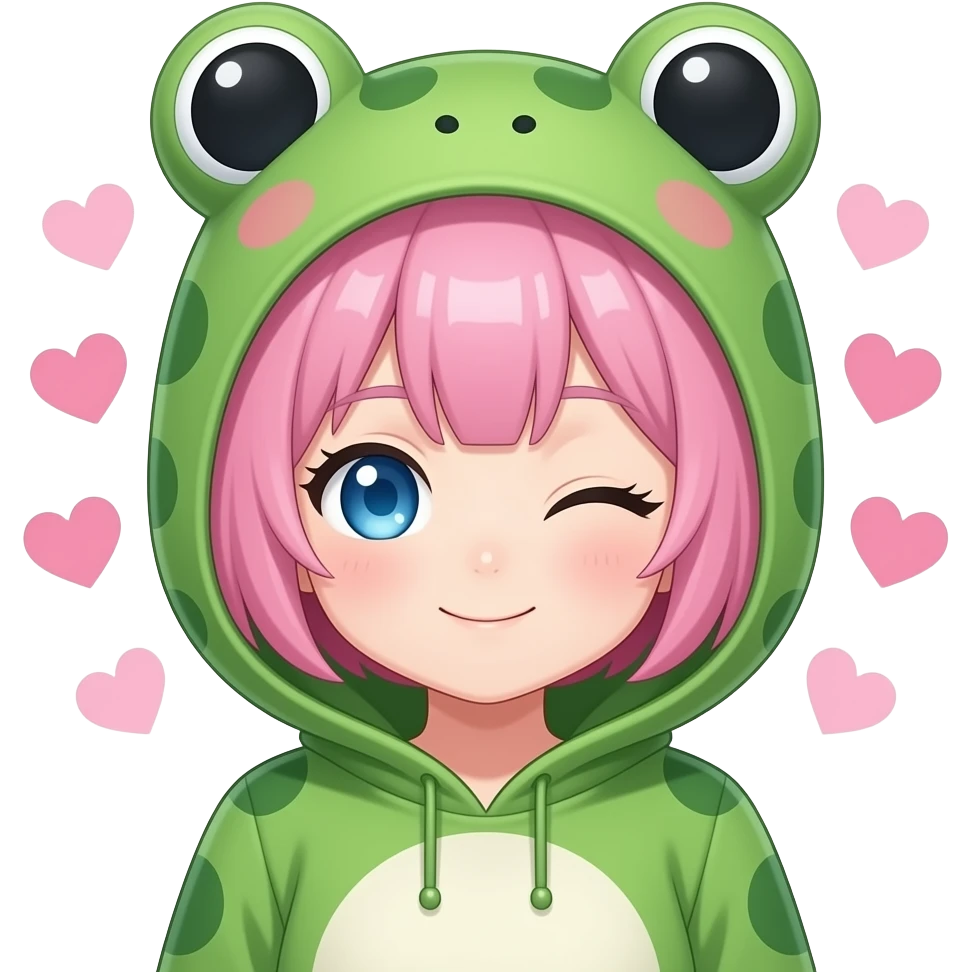Anime girl with blue eyes, short pink hair, wearing a pink kawaii frog costume on, Winking, with hearts around the head emoji