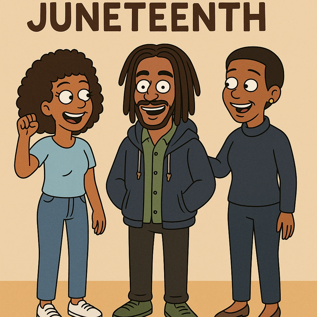 A woman Kinky hair light blue shirt blue jeans white shoes boy Dreadlocks dark brown hair green shuts navy blue zip up hoodie black jeans green shoes Bob Marley Vanessa Nakate Mae Jemison Happy JUNETEENTH emoji