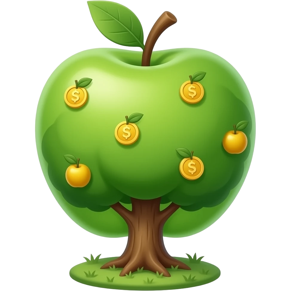 Apple-style money tree, round soft green canopy. No pot, no ground — only the tree. Small gold coins as fruits inside the leaves. Flat 3D vector, clean shapes, no gradients. emoji