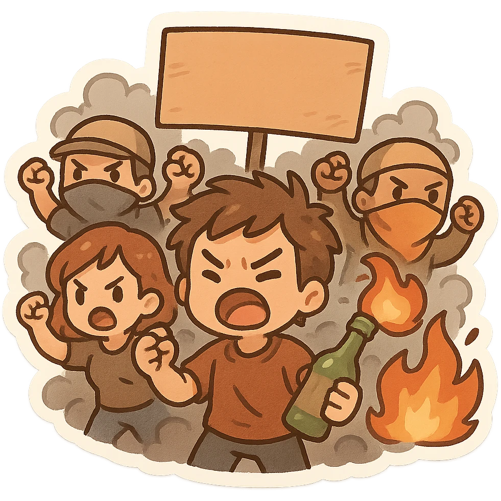 riot, expressive crowd, energetic, cartoon style emoji