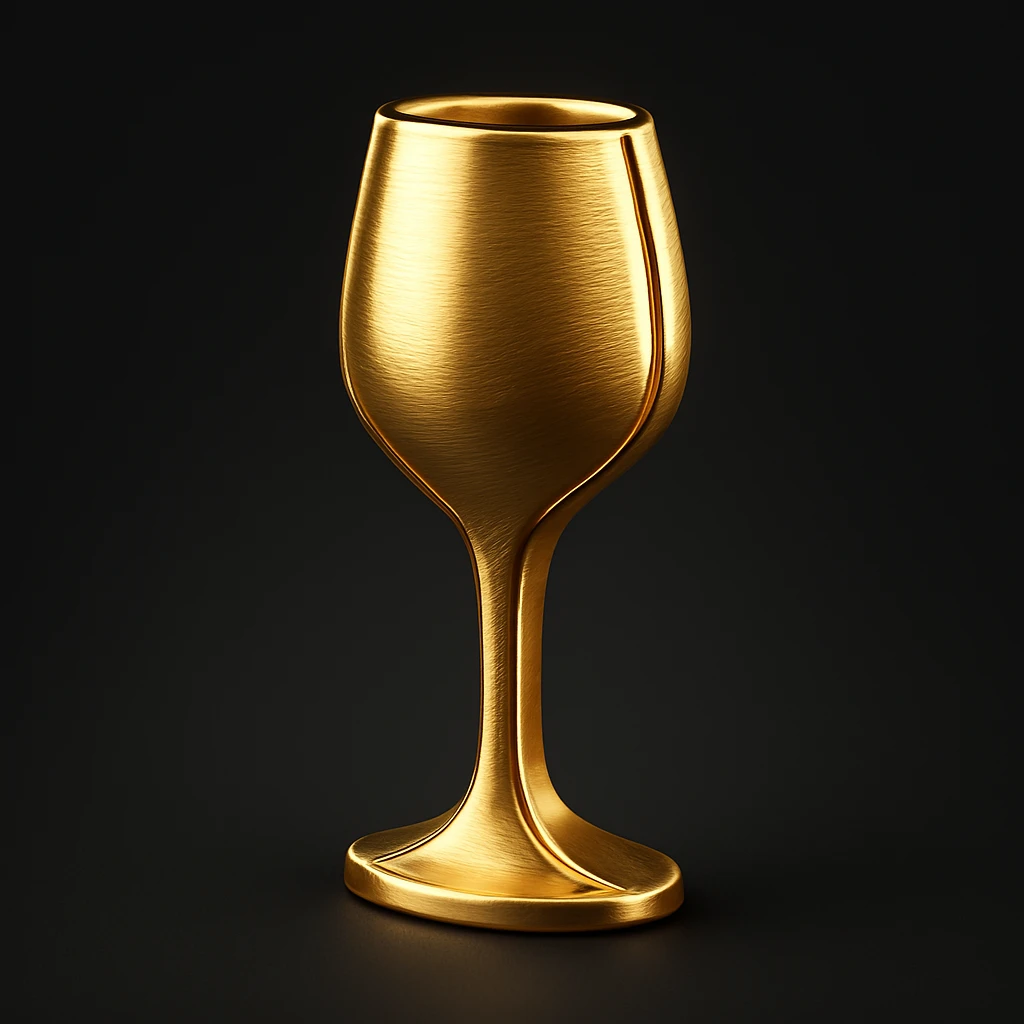 Create a simple and luxurious icon style of a wine glass silhouette in gold color on a black background, inspired by the second reference wine glass. emoji
