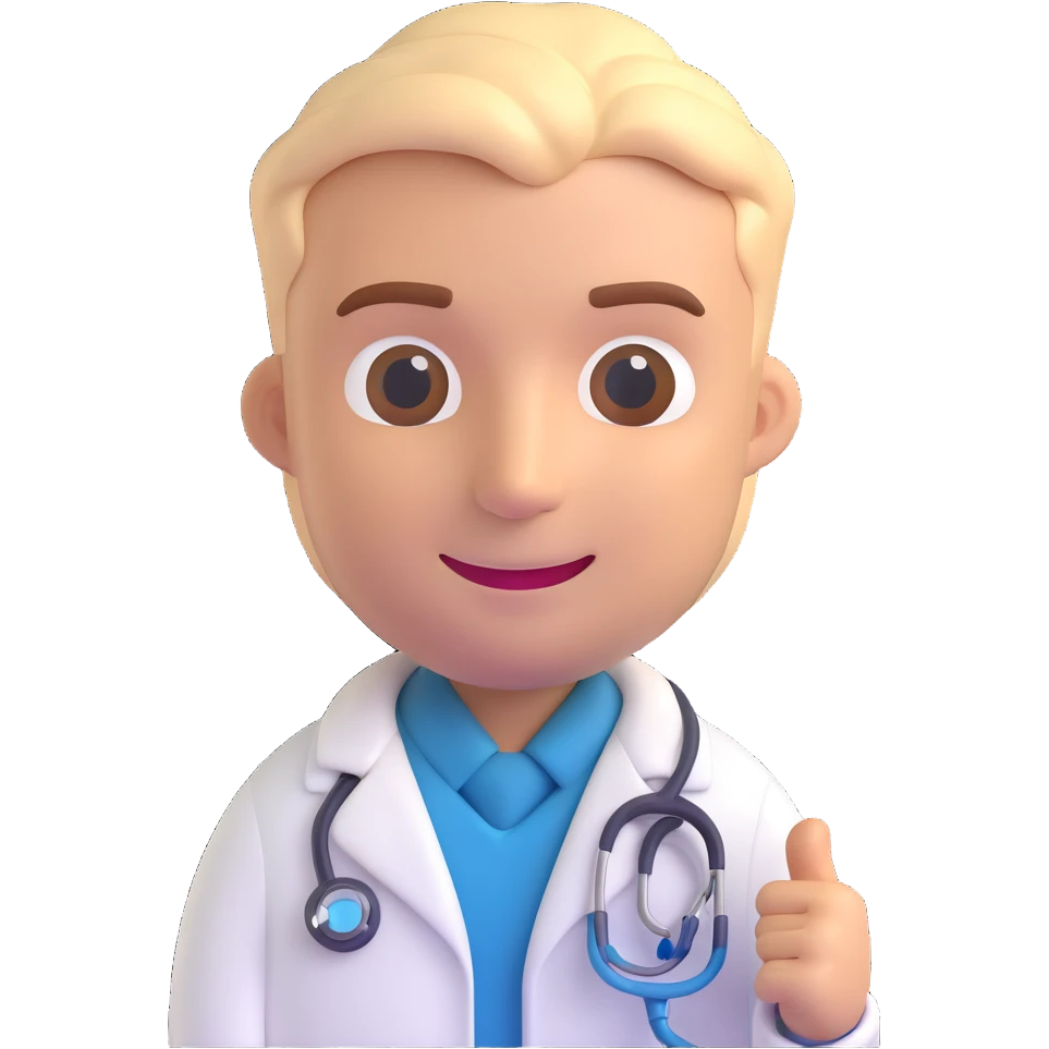 male doctor 3D emoji style, smiling, white coat, stethoscope, friendly and approachable emoji