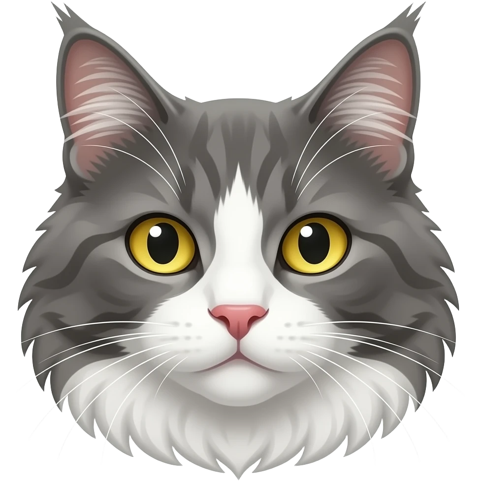 grey maine coon cat face with white in face and yellow eyes emoji