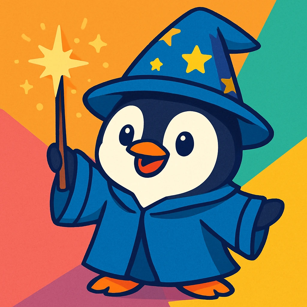 a cute penguin wizard casting a spell, wearing a robe and holding a wand, in a cartoon style emoji