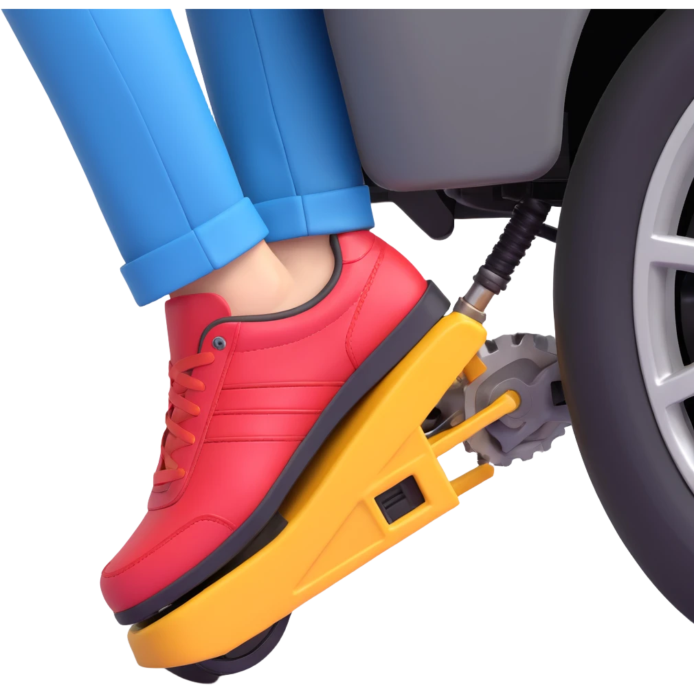 A clean 3D emoji-style illustration of a single right foot pressing down on gas pedal. Only the foot and the pedal are shown, viewed from the side. The pedal is slightly tilted to show pressure. No background, simple colors, minimal details emoji