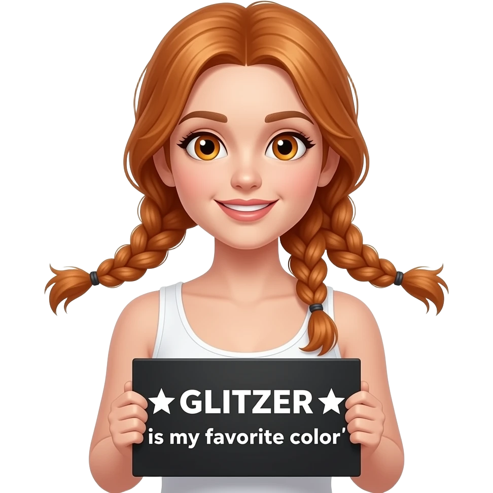 sexy girl with long ginger braids and ginger eyes wearing a white tanktop is holding a black sign with ☆GLITZER☆ ist meine LIEBLINGSFARBE written on it emoji