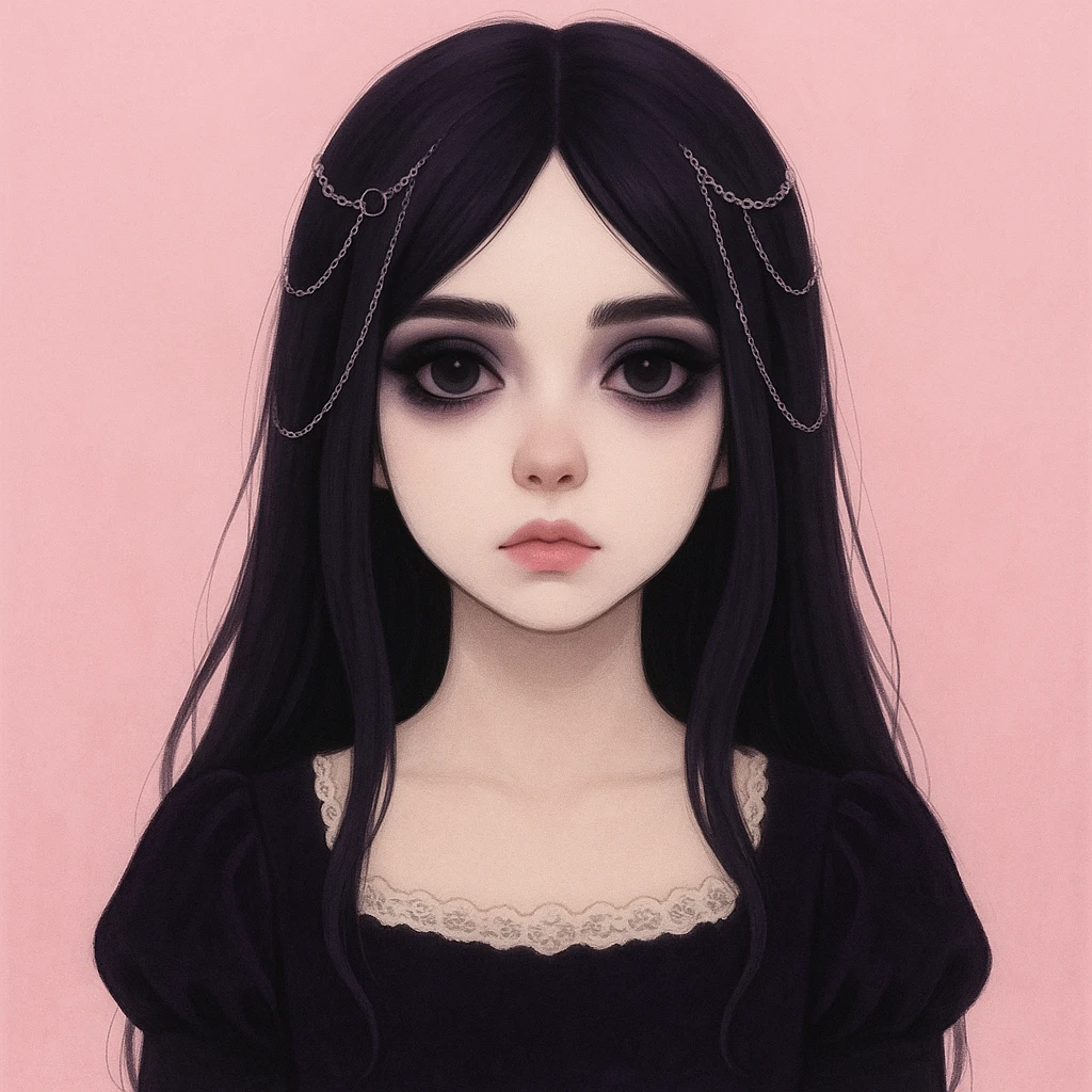 Make this pastel goth profile picture more goth, keep it cute, expressive, and minimal, in the style of imagen-4-fast-KaUtLiSA10F. Enhance goth elements with subtle dark tones and pastel goth aesthetics while maintaining cuteness and expressiveness with minimalistic design. emoji