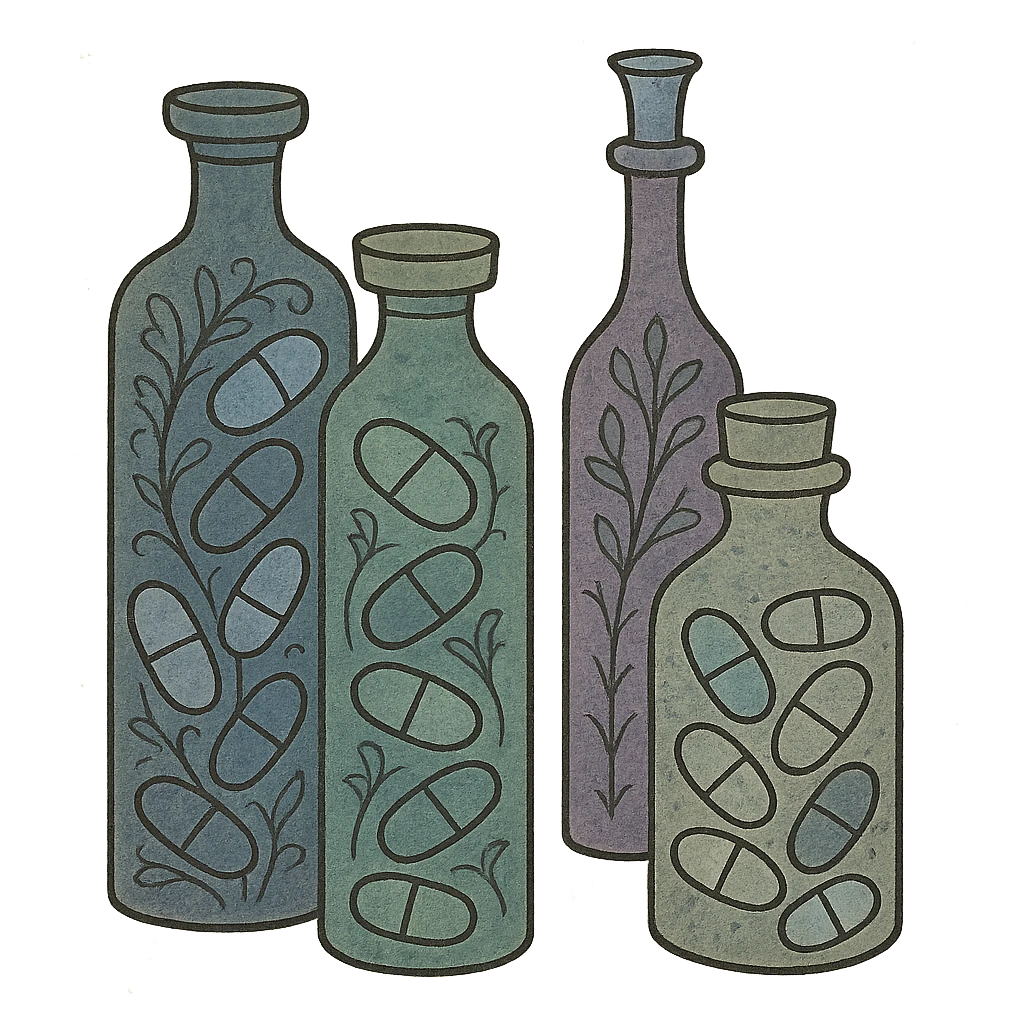 glass Bottles of medicine pills all of different colours emoji