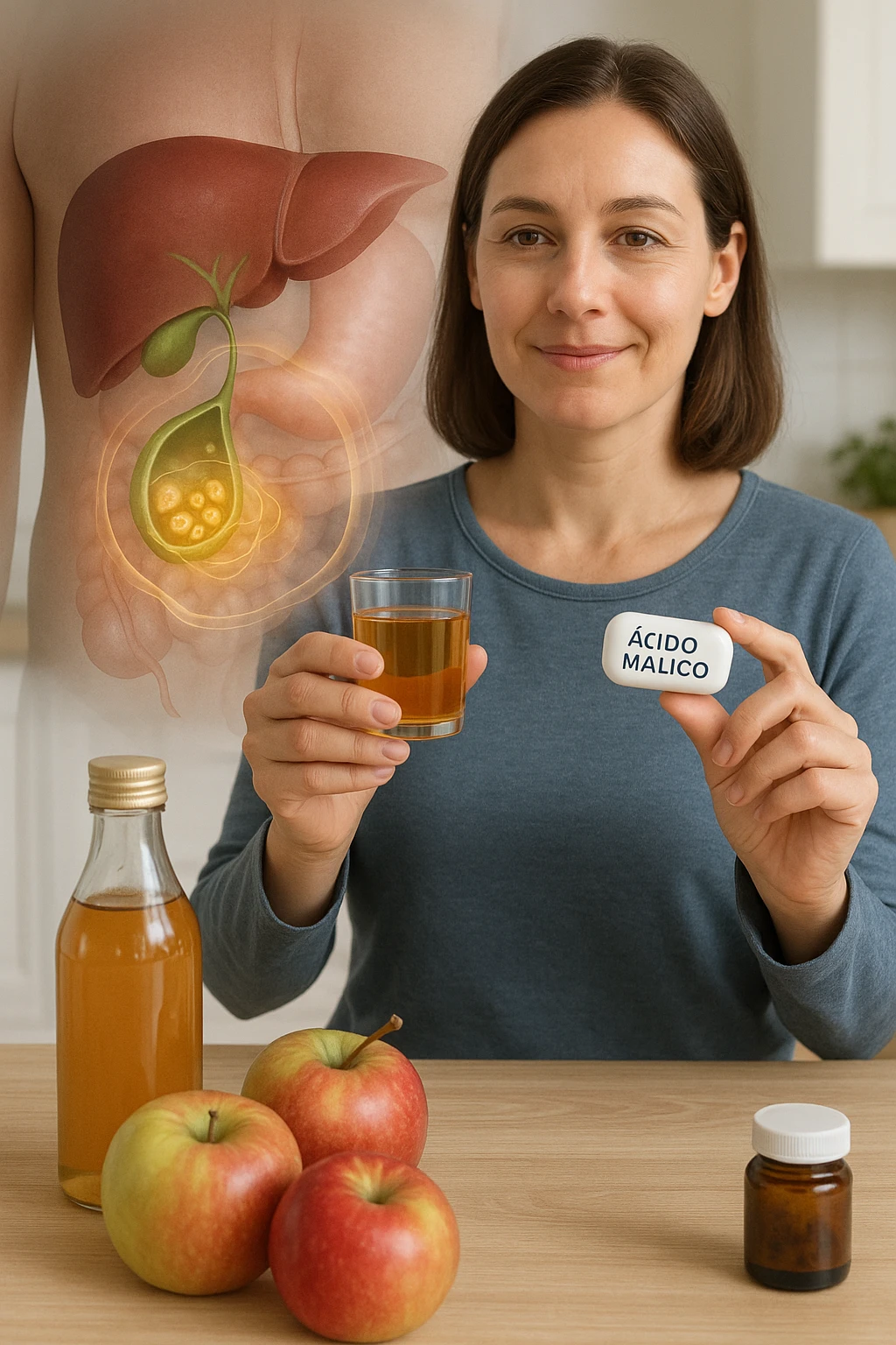 A detailed, realistic illustration or photo-style image showing a person holding a small glass of apple cider vinegar in one hand and a capsule labeled ‘Acido Malico’ in the other. In the foreground or as an overlay, a semi-transparent anatomical view of the abdomen highlights the gallbladder with visible small gallstones inside. Around the gallstones, gentle glowing waves or soft dissolving effects symbolize the softening or breakdown of the stones due to the natural acids. The person looks hopeful and calm, in a bright kitchen setting with fresh apples and natural health products on the counter. The overall mood is informative, natural, and hopeful about non-invasive, natural support for gallstone health emoji