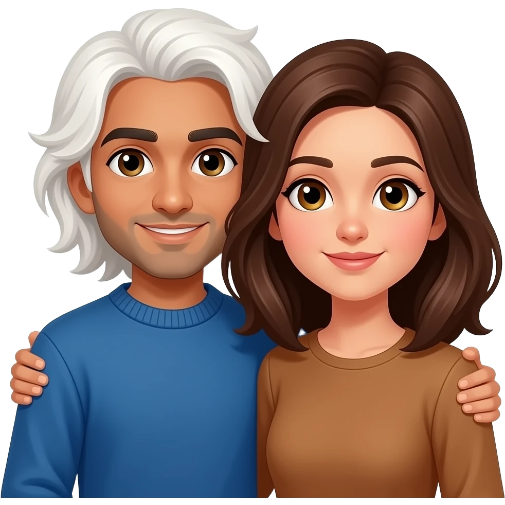 Brown Pakistani boy with no facial hair, long white shoulder-length hair, wearing a blue sweater, holding a tan-toned young woman with almond shaped hazel eyes and shoulder-length brown hair emoji