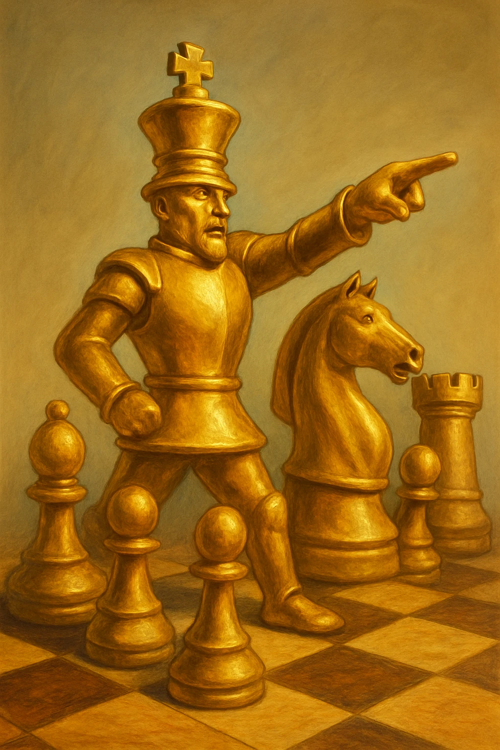 В cлегка рисованной, но при этом объемной, яркой и фотореалистичный стилистике сгенерируй картинку где по центру стоит шахматный король сделанный из качественного золота, он указывает пальцем в даль как военноначальник, а рядом фигуры пешек, конь, ладья, слон идут в атаку, на полу виднеется шахматная доска, фон позади фигур однотонный emoji