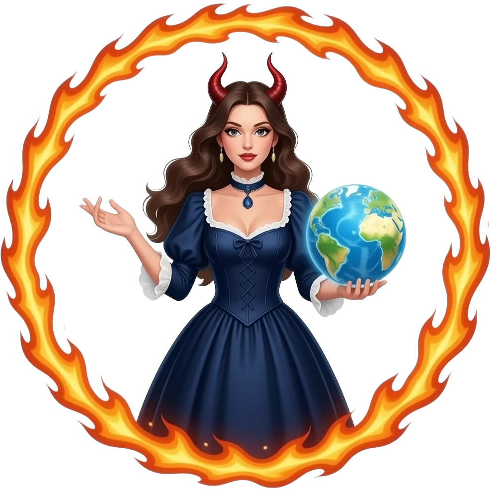 a seductive demonically beautiful woman in a long dark blue Victorian dress with a deep neckline holds a radiant globe in her hand and passes through a ring of fire emoji