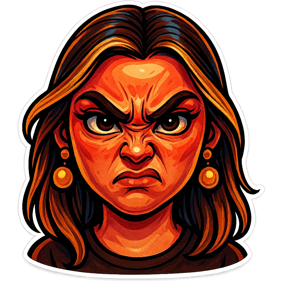 Create a cartoon sticker with an angry expression in the style of Flux Pro, with a transparent background. The style should reflect the vibrant and detailed characteristics of Flux Pro style. emoji