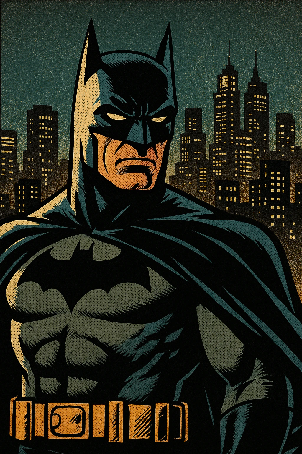 Batman standing in front of a city skyline at night, Grand Theft Auto V (GTA 5) style emoji