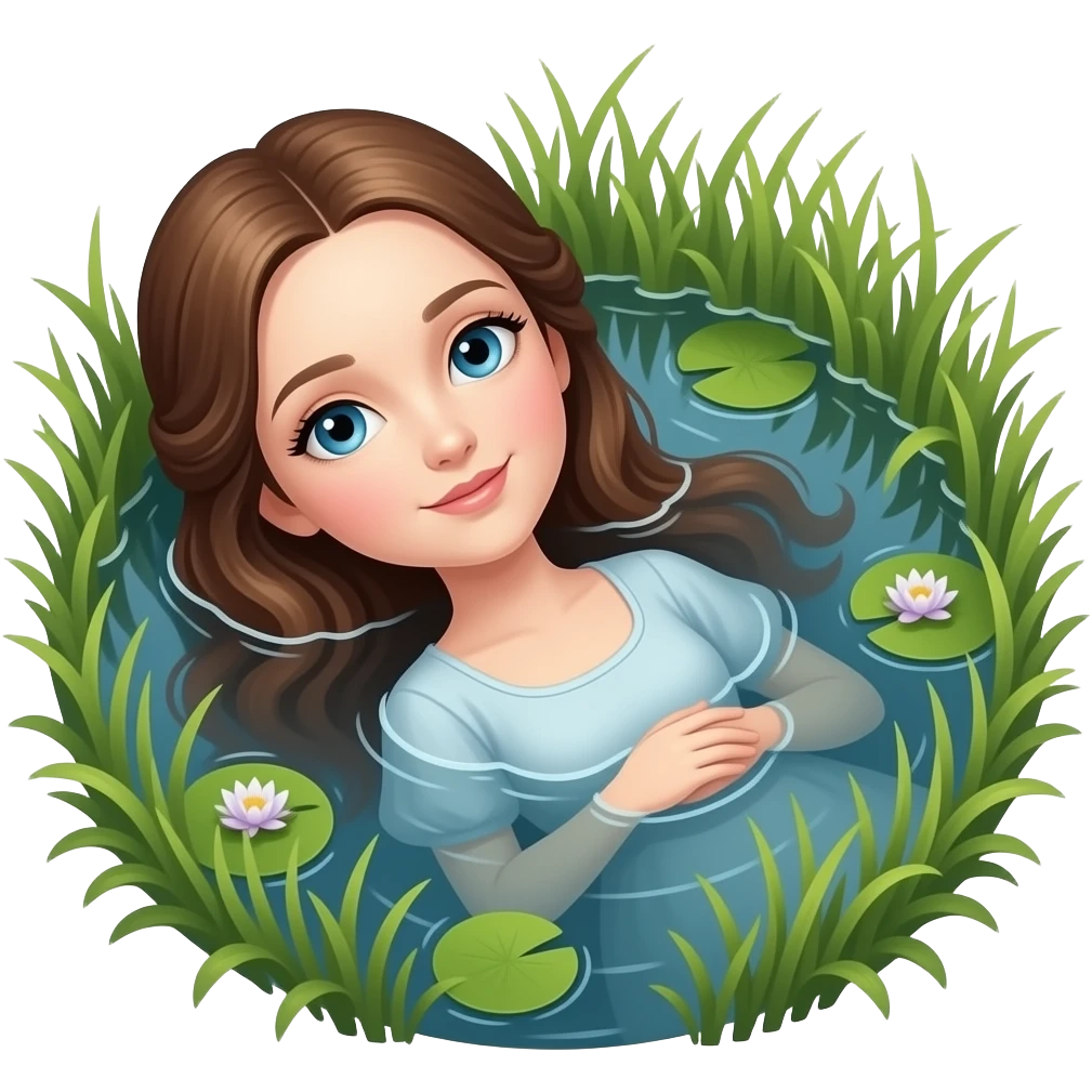 cinematic realistic ethereal Ophelia lies in the water wrapped in grass and water lilies - a scene from the original painting by John Everett Miles emoji