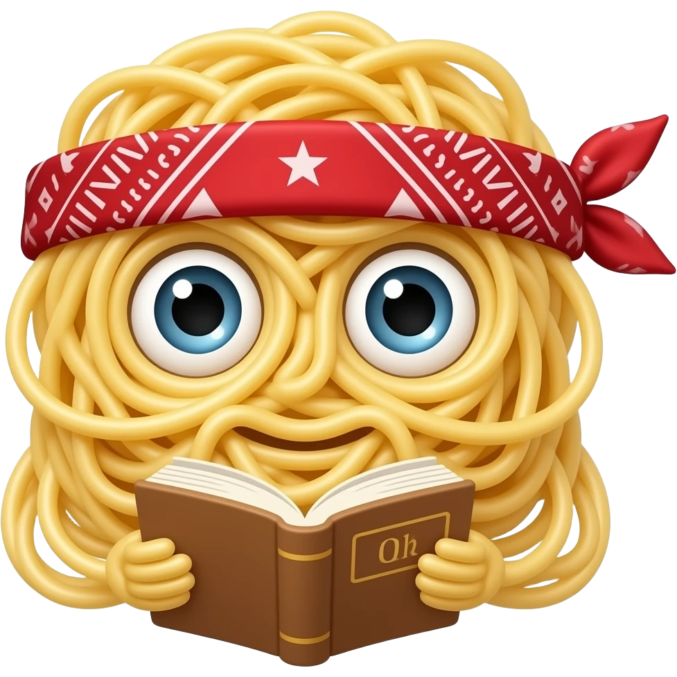 Spaghetti noodles holding Bible and Wearing bandanna with a face emoji