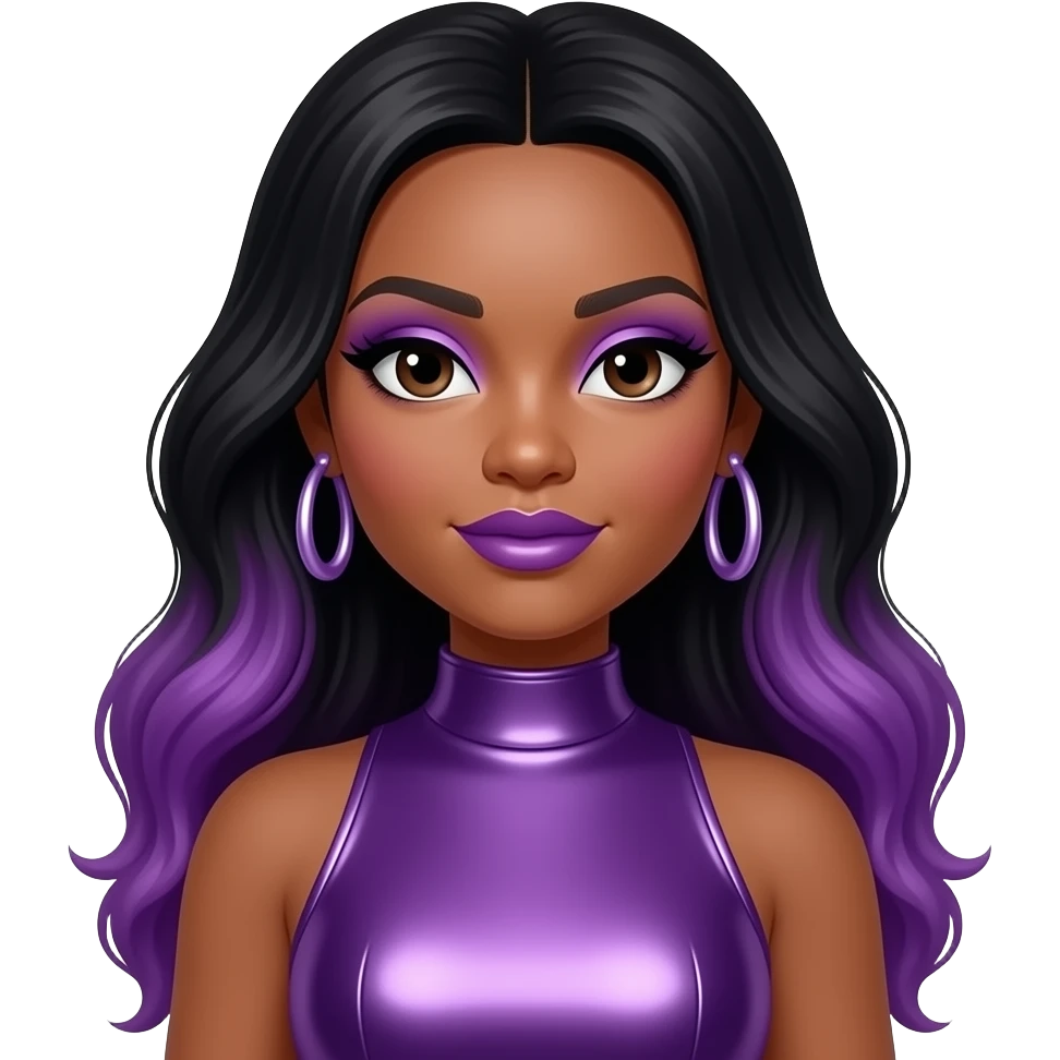 Breaunna "Babydoll" Womack from OMG Girlz with dark skin, dark brown eyes, long black hair with purple ombre, purple eyeshadow, purple lipstick, purple metallic high neck dress, earrings emoji