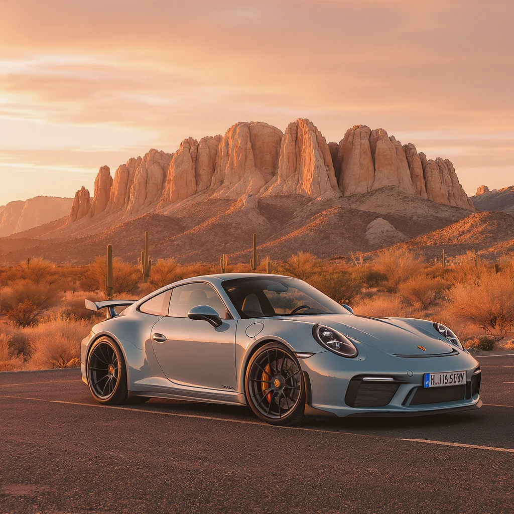 A modern desert mountain, wallpaper, modern, porsche 911, sunset, arizona desert emoji