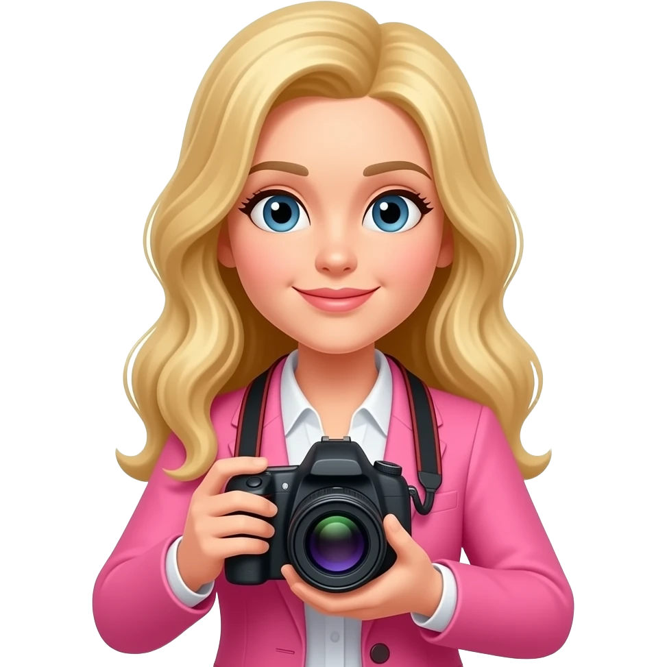 blonde woman in pink blazer holding a camera emoji
