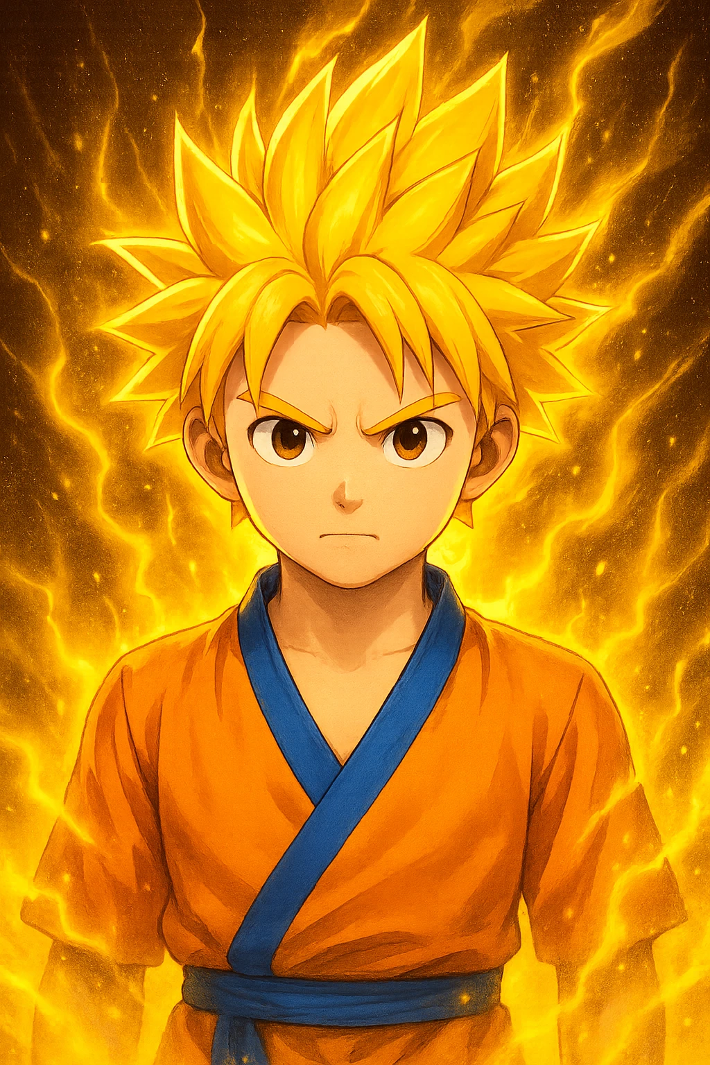 Add a glowing power-up aura around the spiky-haired anime hero. Keep the background transparent. The style should resemble a vibrant anime illustration with dynamic glowing effects around the character's hair and body. emoji