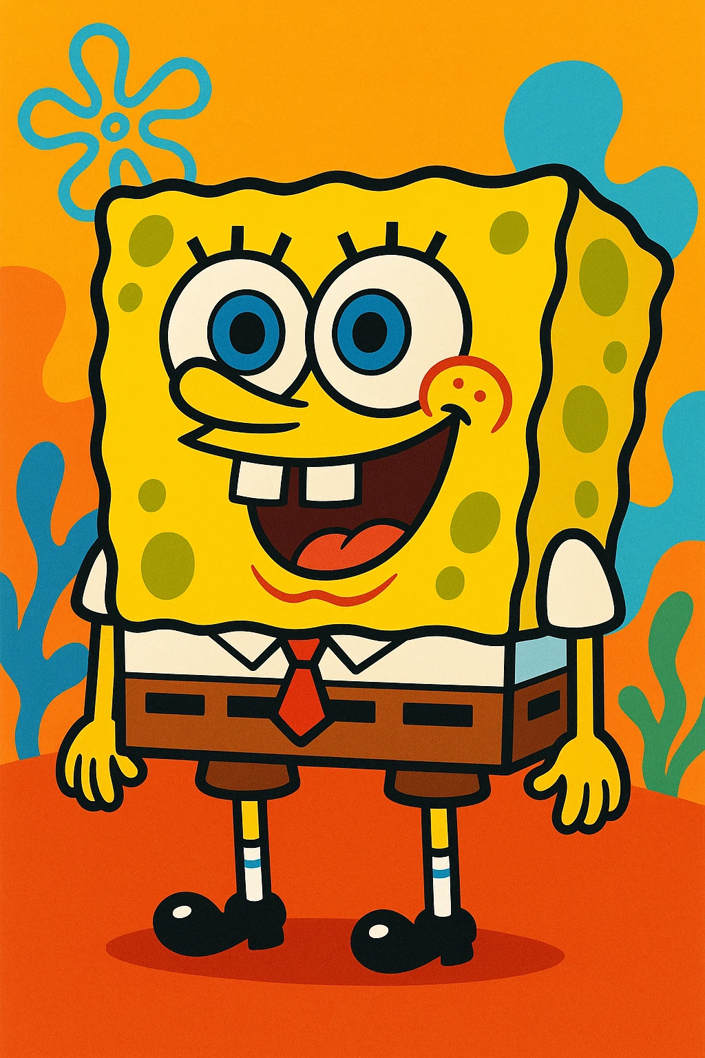 SpongeBob SquarePants, cheerful cartoon sponge, yellow, big blue eyes, wearing white shirt and brown pants, standing and smiling, vibrant colors emoji