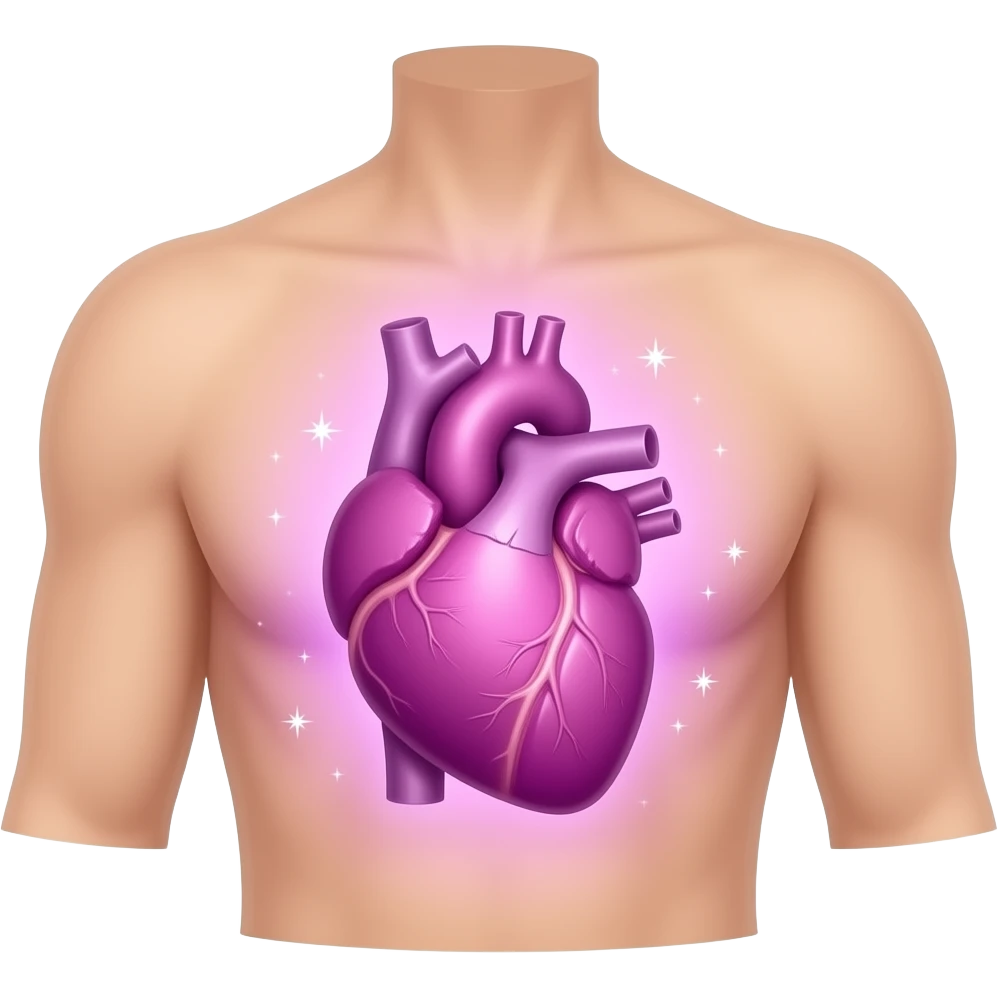 iOS-style emoji of a human torso with an anatomical heart in the chest, soft pink-purple aura with sparkles, smooth gradients, glossy finish, minimal details, neutral background. emoji