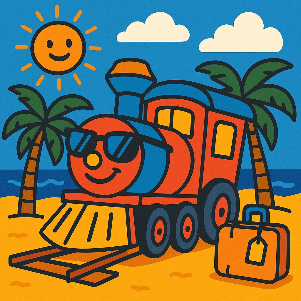 a train on vacation, playful and whimsical style, vibrant toon, bright colors, fun and lively emoji