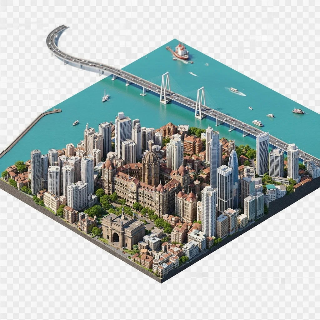 Isometric miniature of Mumbai city, featuring iconic landmarks like Gateway of India, Bandra-Worli Sea Link, Chhatrapati Shivaji Terminus,  clustered high-rises and skyscrapers, 3D miniature effect and Tilt Shift effect, no cartoonish look, transparent background. emoji