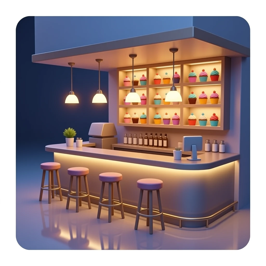 A 3D cartoon café bar interior in a Barbie-inspired soft style, featuring a sleek counter, glowing shelves filled with colorful cupcakes, tall stools, and hanging lights, all bathed in warm ambient lighting with soft realistic reflections emoji