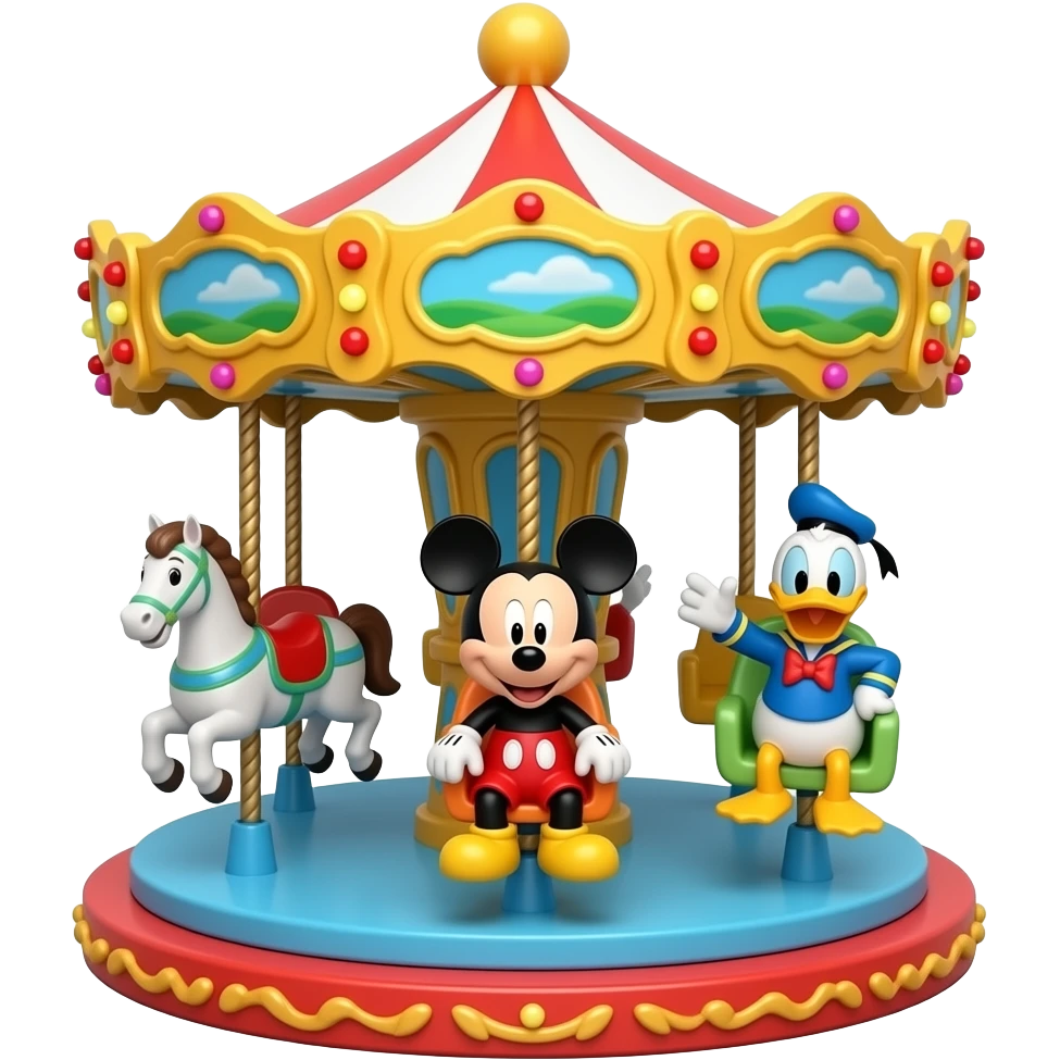 Coin Operated Carousel Kiddie Ride featuring Horse Seat, Mickey Mouse Seat, and Donald Duck Seat/ Mall Background on it emoji