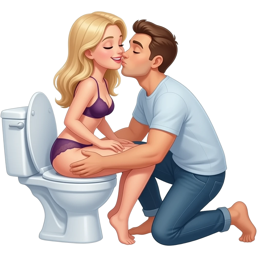 White blonde woman in lingerie sits backwards on open toilet holding her butt open while man kneels behind her kissing her butt. Eyes closed smiling emoji
