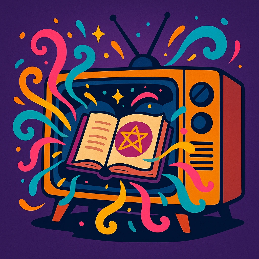 oldschool TV with an ancient magical spell book on the screen, magical energy spilling out, vibrant colors, modern illustration emoji