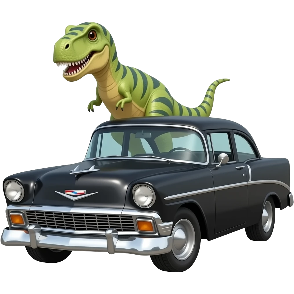 dinosaur driving black 1955 chevy 3/4 view emoji