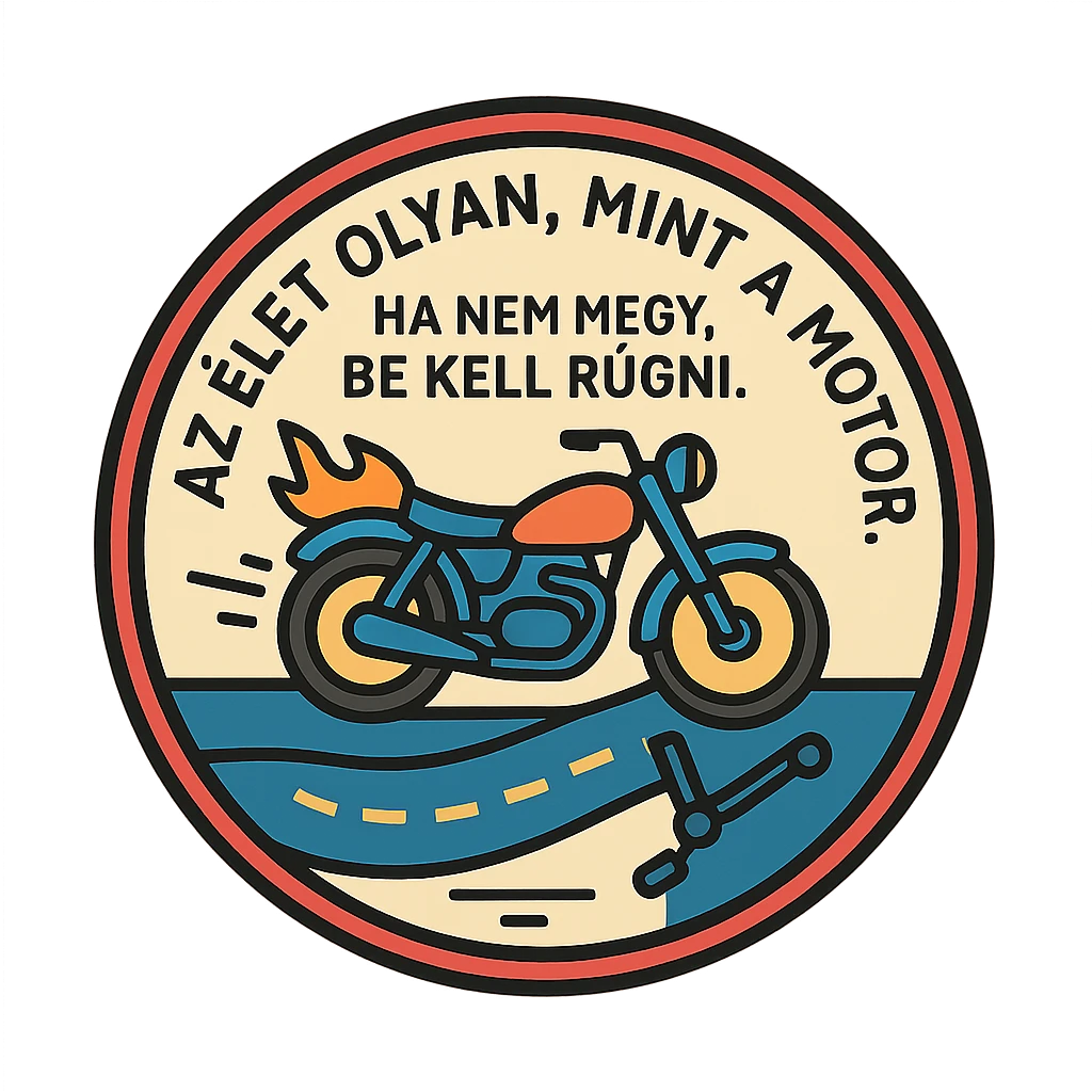 circular design for motorcycle cap, text 'Az élet olyan, mint a motor. Ha nem megy, be kell rúgni.', motorcycle motifs including motor, kickstarter, flames, road, humorous style emoji