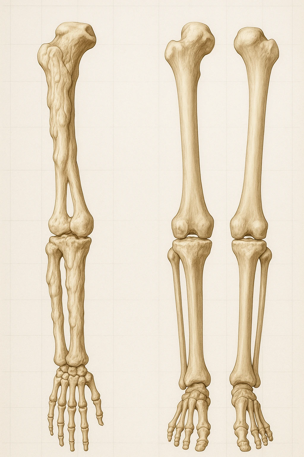 A highly realistic medical illustration focusing on a human arm and leg bones affected by melorheostosis. The bones appear visibly thickened, irregular, and larger than normal, with clear, layered bone growth resembling melted wax dripping down the side of the bones. The image shows a side-by-side comparison with a healthy bone for clarity, highlighting the difference in size and texture. The color palette includes neutral bone colors with subtle shading to show the abnormal contours and ridges. The background is clean and minimalistic, with faint anatomical grid lines for a scientific, educational feel. The overall mood is informative and precise, conveying the key visual characteristic of melorheostosis: progressive bone thickening that makes bones visibly larger and irregular. emoji