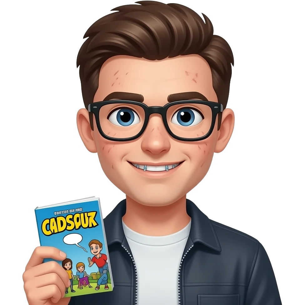 Awkward nerdy teen with glasses and braces and acne holding a comic book emoji